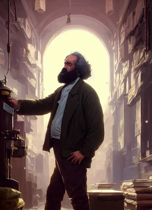 Image similar to highly detailed portrait karl marx getting vaccinated in gta v, stephen bliss, unreal engine, fantasy art by greg rutkowski, loish, rhads, ferdinand knab, makoto shinkai and lois van baarle, ilya kuvshinov, rossdraws, tom bagshaw, global illumination, radiant light, detailed and intricate environment