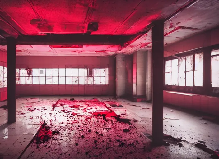 Prompt: dark, dirty, abandoned laboratory, red light, piles of red liquids on the ground, low brightness, low contrast