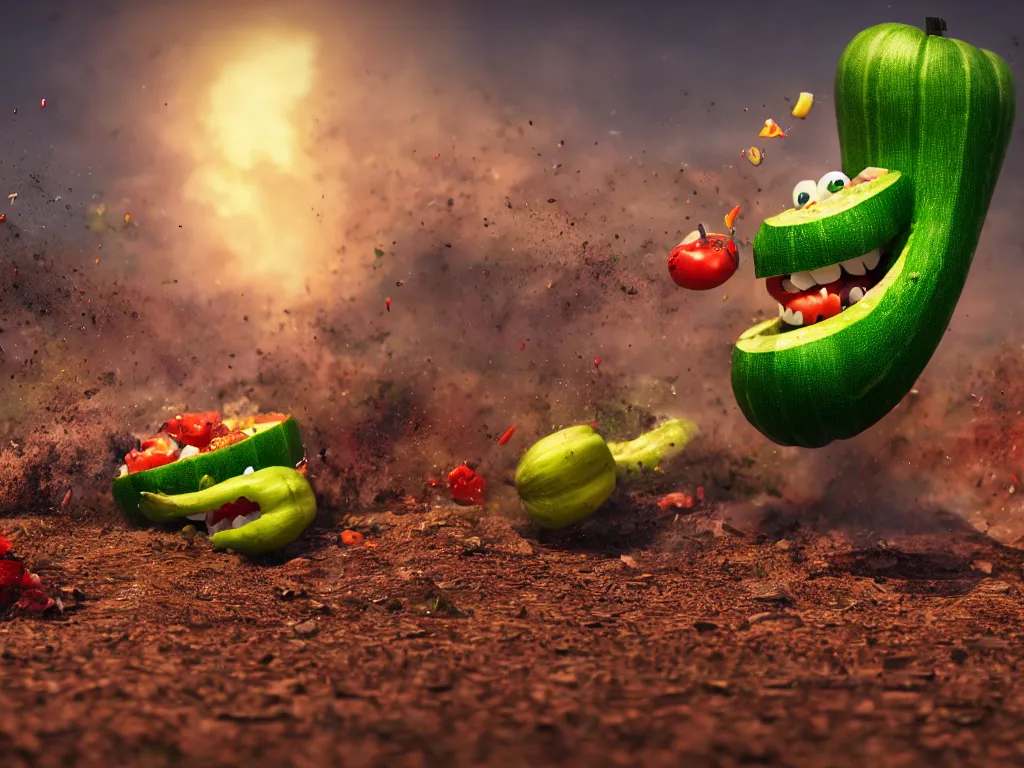 Image similar to detailed 3 d render of a raging zucchini character with burning scissors running on dirt road, scared tomates scattered everywhere, high speed action, explosions, dramatic scene, hyper realistic octane render, cinematic lighting, splatter, deviantart, black sky, lowbrow, frame from pixar movie