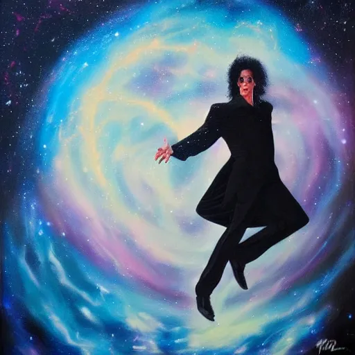 Image similar to painting of Michael Jackson dancing in a cosmic scenic environment, trending on Artstation, hyperdetailed, beautiful, stars, planets, nebula, medium shot, mid-shot