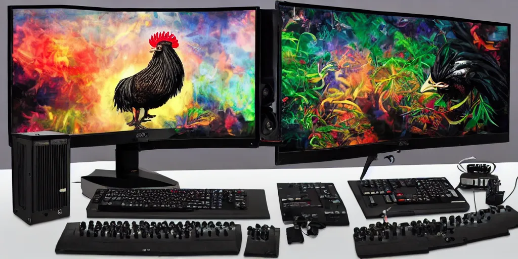 Image similar to 'black rooster'!!! smoking 'cannabis'!!!!!! in front of 'audio console'!!!! and 'pc masterrace RGB custom build'!!!!! 'multi monitors and projectors'!!!! 'in a hi-tech tv broadcasting studio with red camera rig'!!!!, artwork by James Gilleard