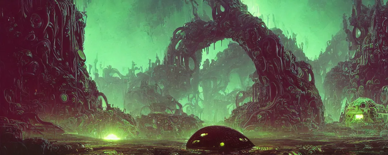 Image similar to ” slimy moist alien landscape, [ organic, liquid, disgusting, cinematic, detailed, epic, widescreen, opening, establishing, mattepainting, photorealistic, realistic textures, octane render, art by slop and paul lehr ] ”