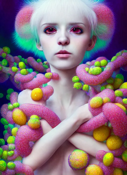 Image similar to hyper detailed 3d render like a Oil painting - kawaii portrait Aurora (white haired Singer Ferret) seen Eating of the Strangling network of yellowcake aerochrome and milky Fruit and Her delicate Hands hold of gossamer polyp blossoms bring iridescent fungal flowers whose spores black the foolish stars by Jacek Yerka, Mariusz Lewandowski, Houdini algorithmic generative render, Abstract brush strokes, Masterpiece, Edward Hopper and James Gilleard, Zdzislaw Beksinski, Mark Ryden, Wolfgang Lettl, hints of Yayoi Kasuma, octane render, 8k