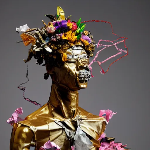 Image similar to papercraft scene made entirely of pipecleaners and crumpled foil of Jean-Michel Basquiat as a full-body bronze baroque statue of Icarus in the posing like a bird for flight, crown of peach roses, flowing pink-colored silk, fabric, flowers. baroque elements, human skull. full-length view. baroque element. intricate artwork by caravaggio. many many birds birds on background. Trending on artstation, octane render, cinematic lighting from the right, hyper realism, octane render, 8k, depth of field, 3D