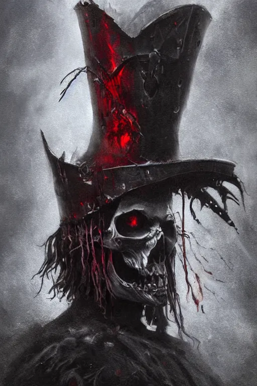 Image similar to the ghost - spirit of the grim - hatter wears the scarlet skull armor and blood headdress, midnight fog - mist!, dark oil painting colors, realism, cinematic lighting, various refining methods, micro macro autofocus, ultra definition, award winning photo