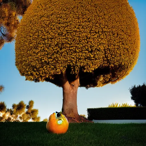 Image similar to a tree growing oranges outside a california suburban home, style of photographers willem verbeeck and Kyle McDougall, complimentary colors, filmic, golden hour