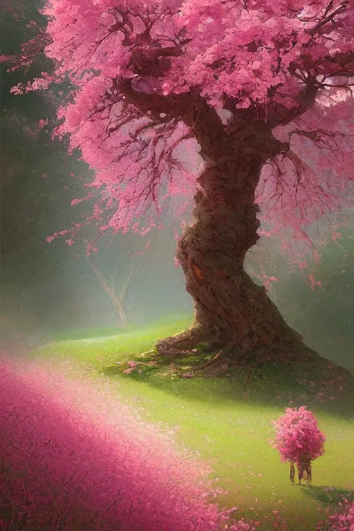 Prompt: a beautiful painting of a tree with pink flowers on a green hill by greg rutkowski and thomas kinkade, trending onartstation