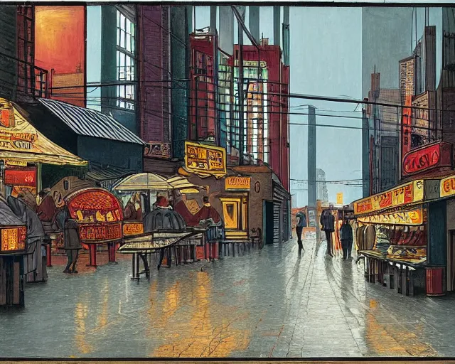 Image similar to street with food stands in a cyberpunk city on a rainy melancholy night by de chirico