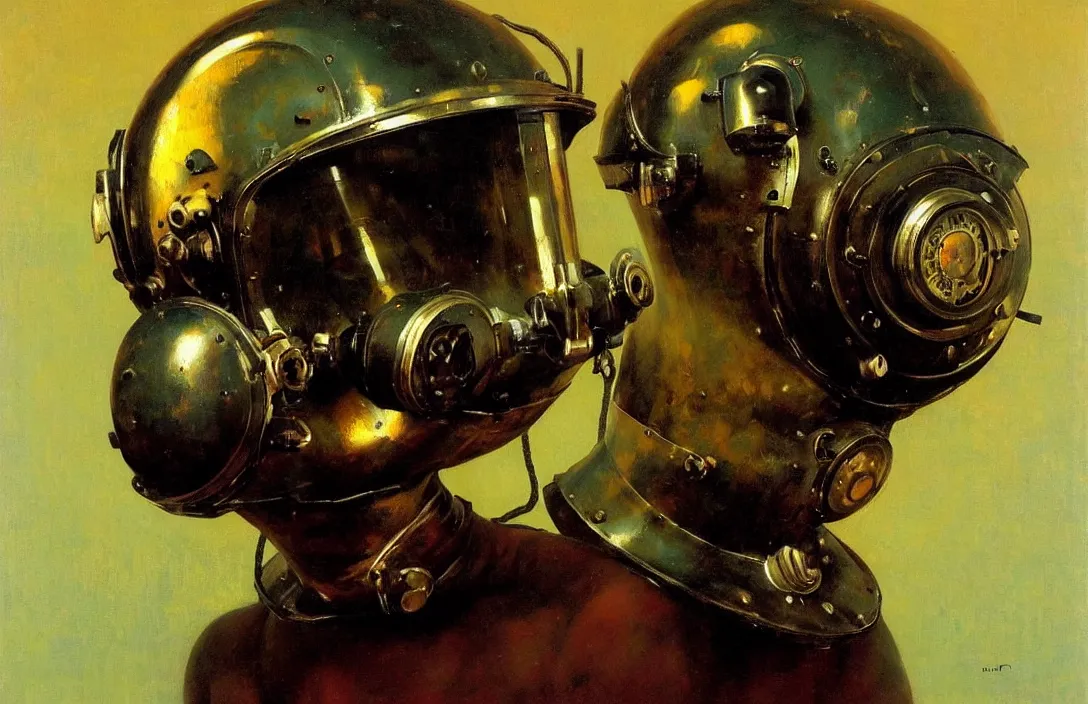 Image similar to portrait of deep sea diver helmet!!!!!!!!!!!!!!!!!!!!!!!!!!!, detailed face, detailed painting, epic lighting, by ilya repin, phil hale and kent williams