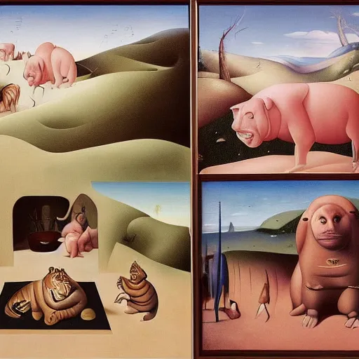 Image similar to in a dream world inspired by dunes, a tiger tries to close an important deal, a pig tries to prevent the success of the deal, in the style of fernando botero and hieronymus bosch, epic composition, insanely quality, masterpiece