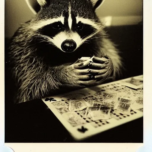 Image similar to polaroid photo of gangster raccoons in smokings, smooking cigar, playing poker, dollars on table