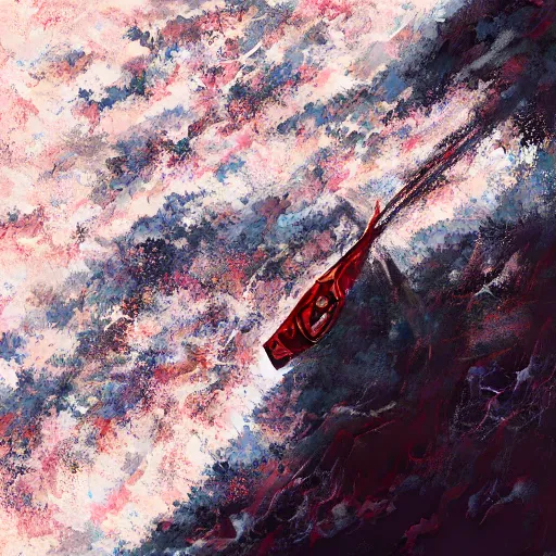 Image similar to a lonely boat swinging in the red ocean, top view, intense waves, depressing atmosphere, characterized by roman shipunov, etienne hebinger, atey ghailan, cgsociety, cynical realism, fantasy art, 2 d game art