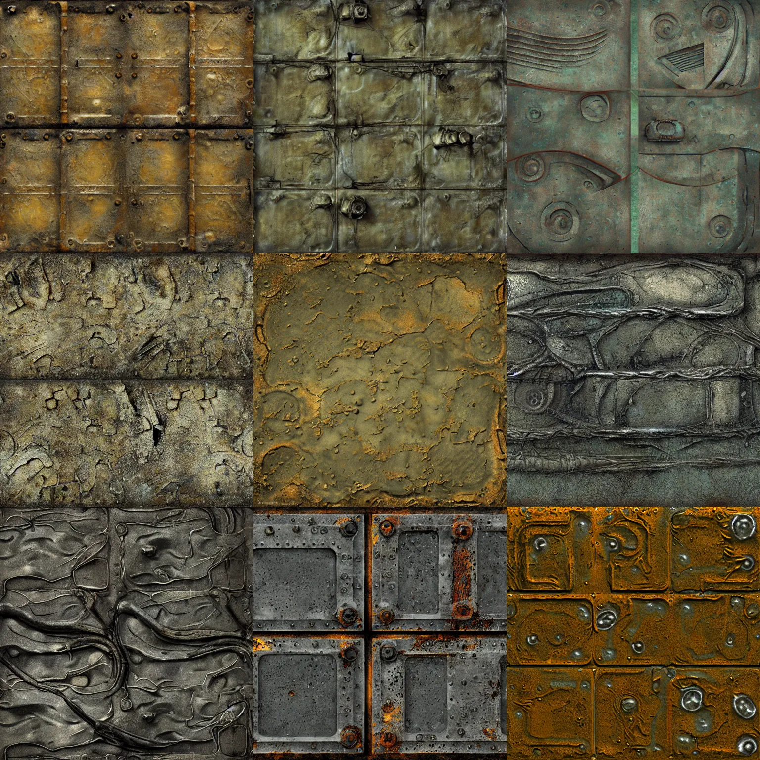 Prompt: flat texture, game asset, scifi, machinarium giger, flat panels, diffuse texture, slime, muck, duct, dull flaking paint, bright metal wall seamless game texture, by dean cornwell, nc wyeth, painterly, 4 k, textures. com, high resolution