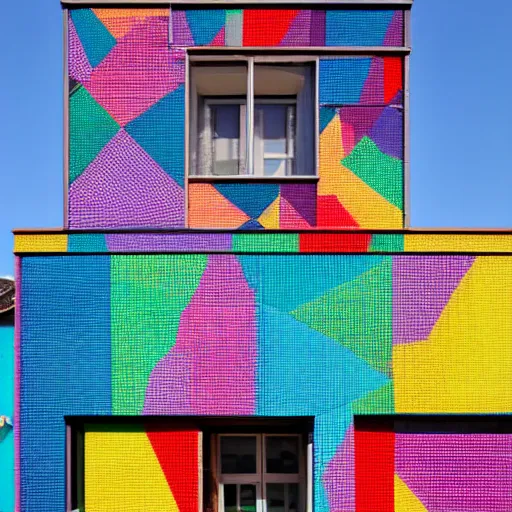 Image similar to facade covered by colorful fabric