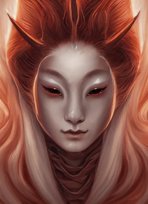 Image similar to a beautiful detailed oil on copper art illustration of a japanese kitsune mask devil beautiful woman, centered, by charlie bowater, zeng fanzh, trending on artstation, dim dusk lighting, cinematic lighting, detailed lighting, volumetric lighting, realistic, f 8, 4 k hd wallpaper