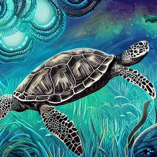 Prompt: sea turtle with intricate patterned luminescent shell in the style of android jones detailed 4 k painting