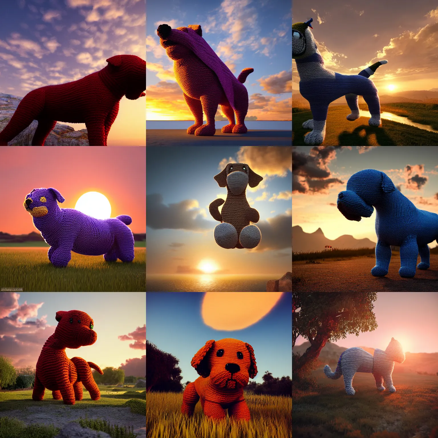 Prompt: a large knitted dog at sunset cgsociety, featured on Behance, rendered, Unreal Engine, 4K HD
