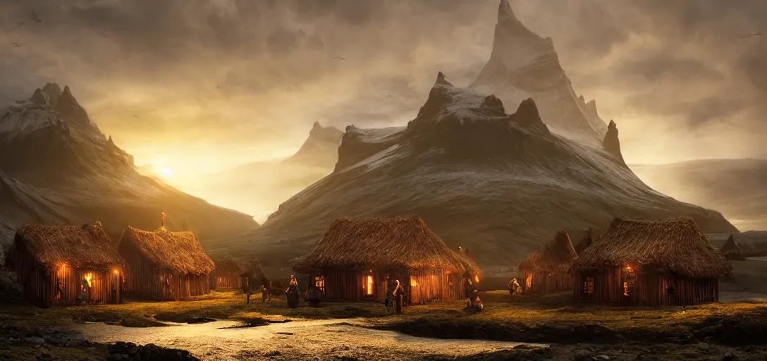 Prompt: a wooden viking village on the coast of iceland, dynamic lighting, volumetric, bokeh, cinematic, establishing shot, extremly high detail, photo realistic, cinematic lighting, post processed, concept art, artstation, matte painting, style by eddie mendoza, raphael lacoste, alex ross