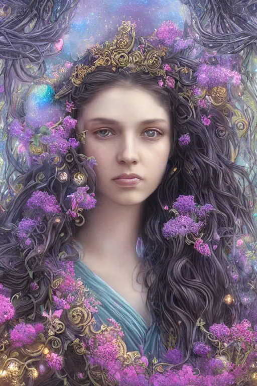 Prompt: elaborately detailed close up realistic portrait of an extremely beautiful girl with long dark hair surrounded by flowers, an eerie mist and ethereal rainbow bubbles, Aetherpunk, iridiscent geometry, high fantasy professionally painted digital art painting, fantasy matte painting movie poster, Art Nouveau, smooth, sharp focus, atmospheric lighting, highly detailed illustration highlights, backlight, golden ratio, 8K detail post-processing, symmetrical facial features, rich deep moody colors, majestic, dark epic fantasy, award winning picture, sense of awe, featured on DeviantArt, trending on cgsociety