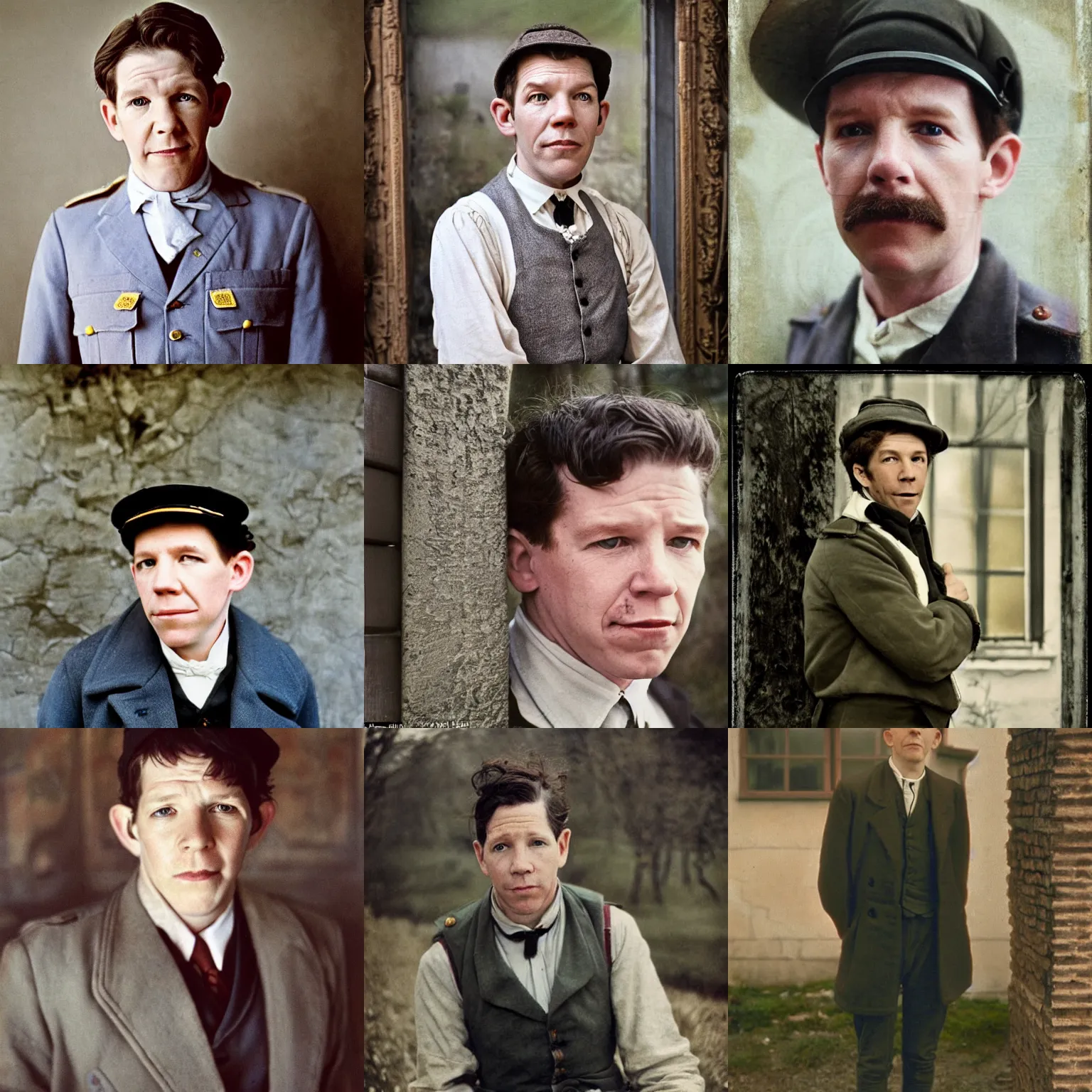 Prompt: thirtysomething years old lee evans as a ( ( ( sad, optimist ) ) ), dreamy, quirky 1 9 th century, austrian postman. detailed soft focus natural lights, portrait by miriam escofet