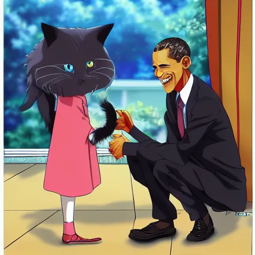 Image similar to “anime key visual of Obama petting a cat, pixiv”