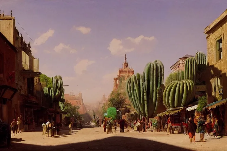 Prompt: cactus-lined street at dawn in a very beautiful Wild west city in summer by Ludwig Deutsch and Rudolf Ernst, colorful architecture, strong dramatic cinematic lighting, lost civilizations, smooth, sharp focus, extremely detailed