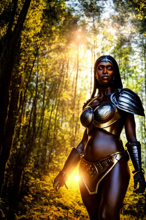 Prompt: hyperrealistic mithra black woman in armor in a forest sun behind her concept art eric zener elson peter cinematic side soft yellow light low angle hd 8k sharp shallow depth of field