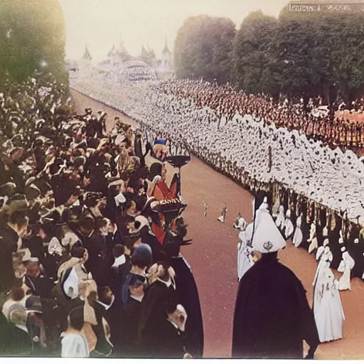 Prompt: The Empress was smiling and waving to the spectators as they waited outside the church in this extreme wide shot, coloured black and white Russian and Japanese combination historical fantasy photographic image of a Royal wedding taken in 1907 by the event's official photographer.