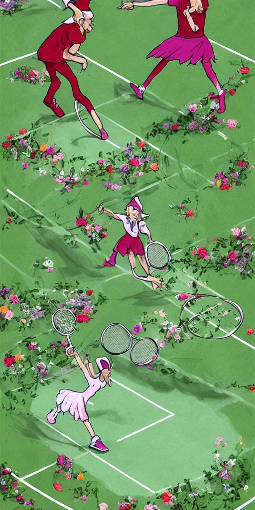 Image similar to Two elves playing tennis on a tennis court made of flowers, digital art