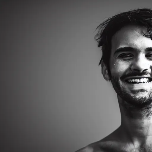 Prompt: high contrast photo of a man's face grinning black and white monochromatic