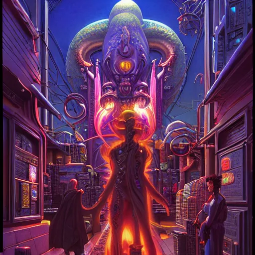 Prompt: fantasycore, eldritch, psychic, masterpiece, 8k resolution, scrollwork, magic conduits, zBrush, cel-shaded, convenience store, art by greg hildebrandt, composition by 2099 neo-tokyo, drawn by Donato Giancola and Tom Bagshaw