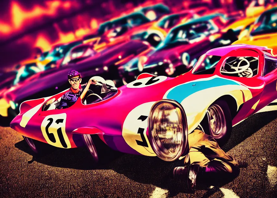 Prompt: Barney the Dinosaur as a 1960s race car driver, by Brandon Woelfel, symmetrical face, symmetrical eyes, maximum realism, maximum detail, Cinematic lighting