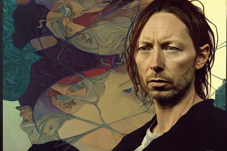 Image similar to hyper realistic portrait of thom yorke singer songwriter, side, liminal space, by lee bermejo, alphonse mucha and greg rutkowski