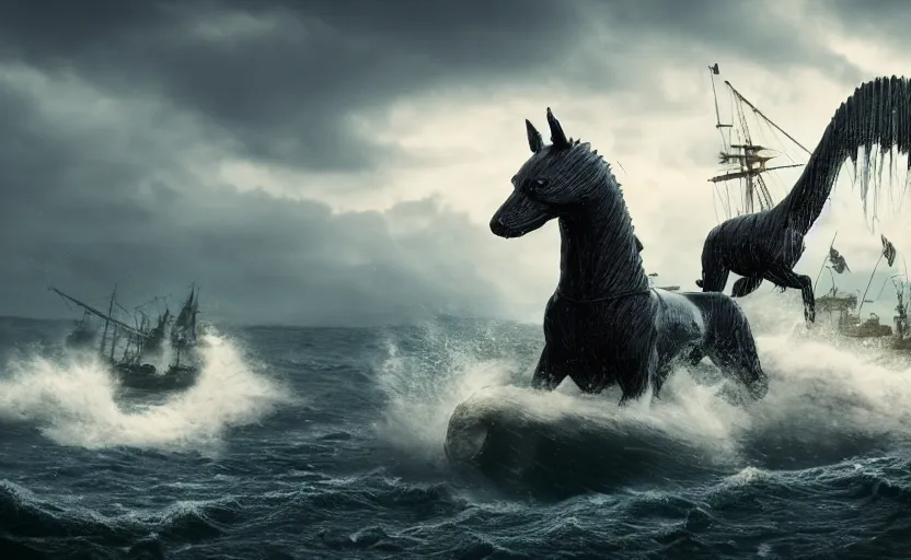 Prompt: the mythological kelpie attacking trade ships, seaweed hair, fish tail, 4 k uhd, monster, rainy, maritime