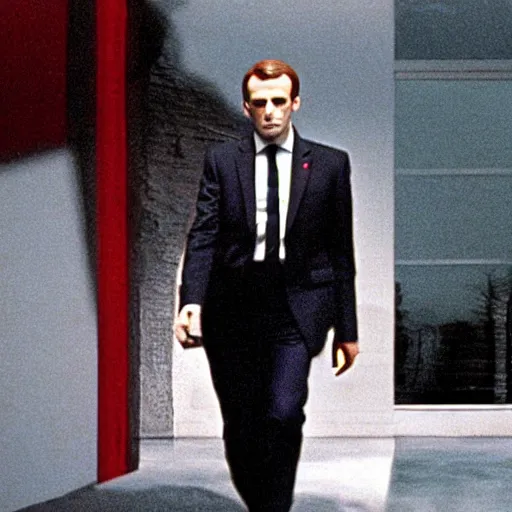 Prompt: Emmanuel Macron walking in American Psycho (1999)