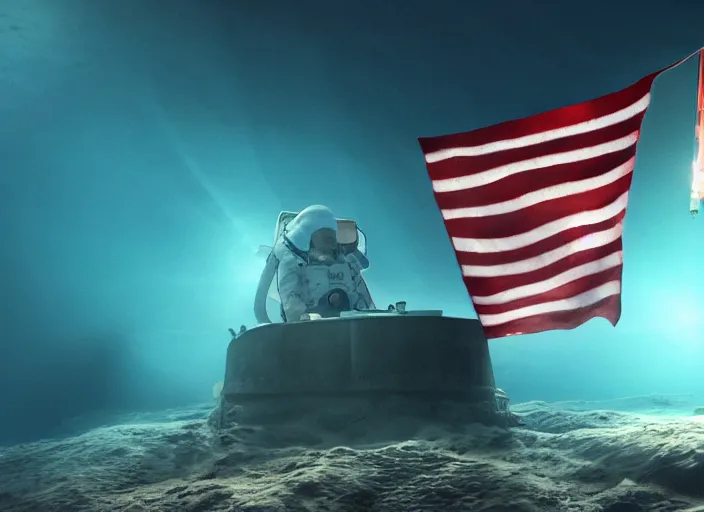 Image similar to astronaut underwater putting a flag in the sand of the bottom of the ocean. in the background, a submarine is visible. dark, concept art, cinematic, dramatic, atmospheric, 8 k, trending on artstation, zack snyder