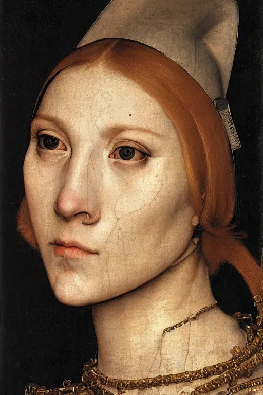 Image similar to a close - up portrait of a cyberpunk cyborg girl, by hans holbein the younger, rule of thirds