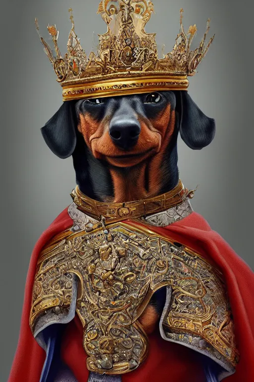 Prompt: an oil painting portrait of a dachshund wearing medieval royal robe and an ornate crown on a dark background, digital Art, concept Art, highly detailed, 3-D 4K, trending on art station, Award winning, Mark Brooks