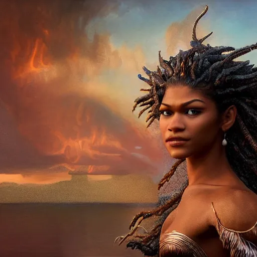 Prompt: zendaya as a dark - skinned mermaid la sirene haitian goddess, ultra - realistic, concept art, intricate details, highly detailed, photorealistic, octane render, 8 k, art by annie leibovitz and frank frazetta and simon bisley, brom