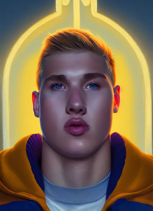 Image similar to portrait of high school senior boy named big moose, blonde short hair, jock, beefy, wide face, square jaw, square facial structure, blue varsity jacket with letter r, intricate, elegant, glowing lights, highly detailed, digital painting, artstation, concept art, sharp focus, illustration, art by wlop, mars ravelo and greg rutkowski