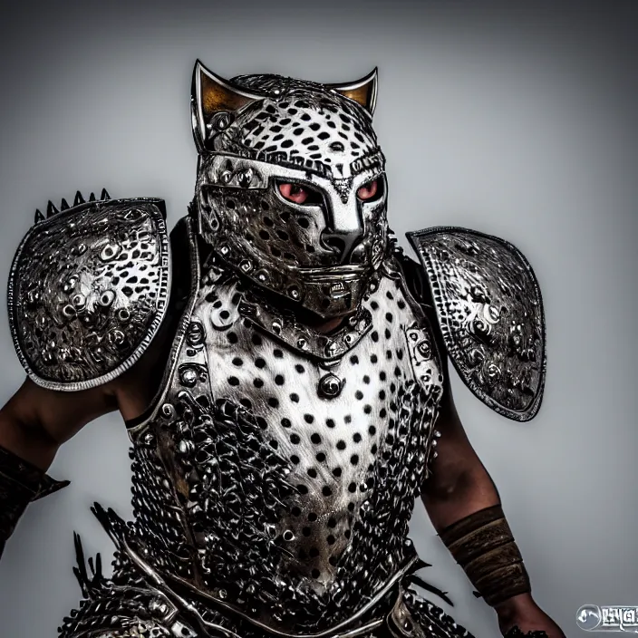 Image similar to photo of a warrior with metal jaguar themed armour, highly detailed, 4 k, hdr, smooth, sharp focus, high resolution, award - winning photo