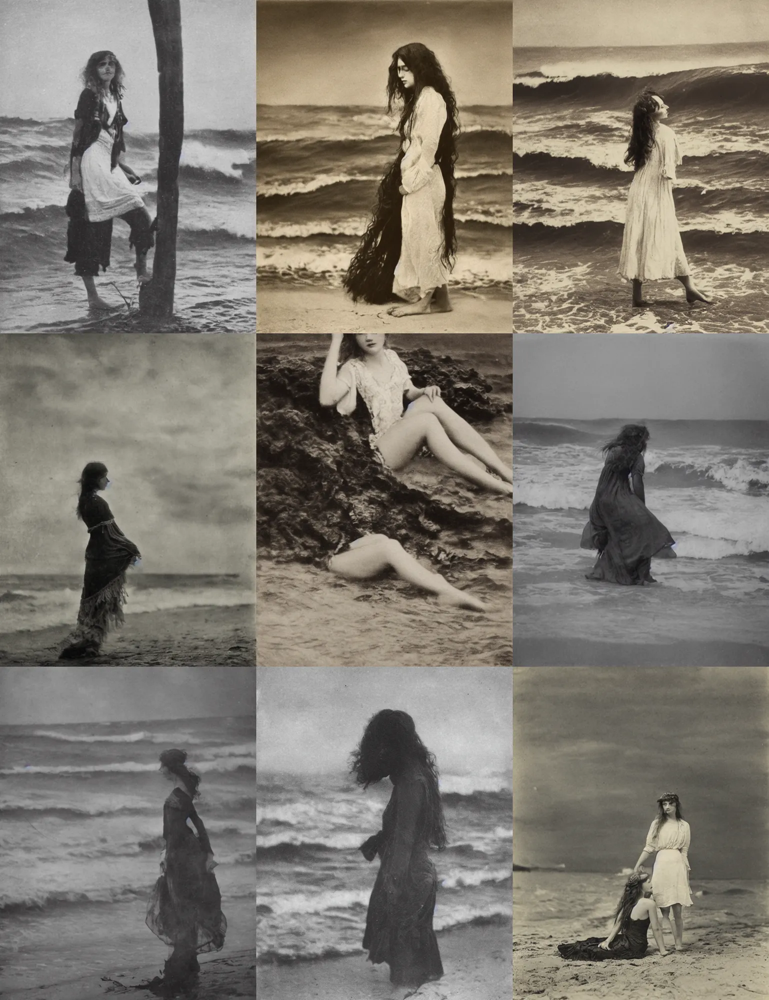 Prompt: artistic portrait photo of pretty hippie girl on the evening beach, big wave 1910s