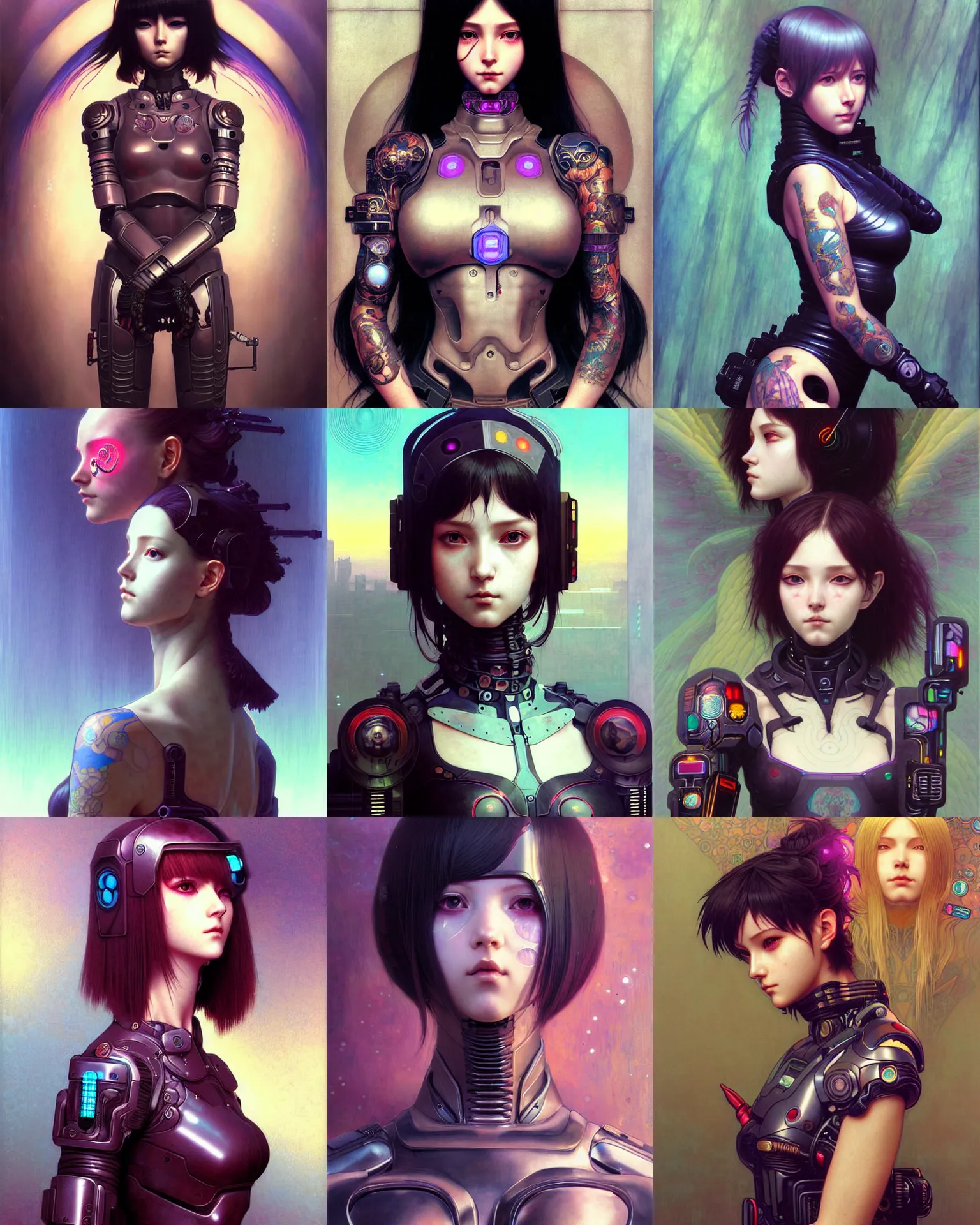 Prompt: portrait of beautiful cute cyberpunk maiden girl in tattoos in modern futuristic armor, high details, art by ( ( ( kuvshinov ilya ) ) ) and wayne barlowe and gustav klimt and artgerm and wlop and william - adolphe bouguereau