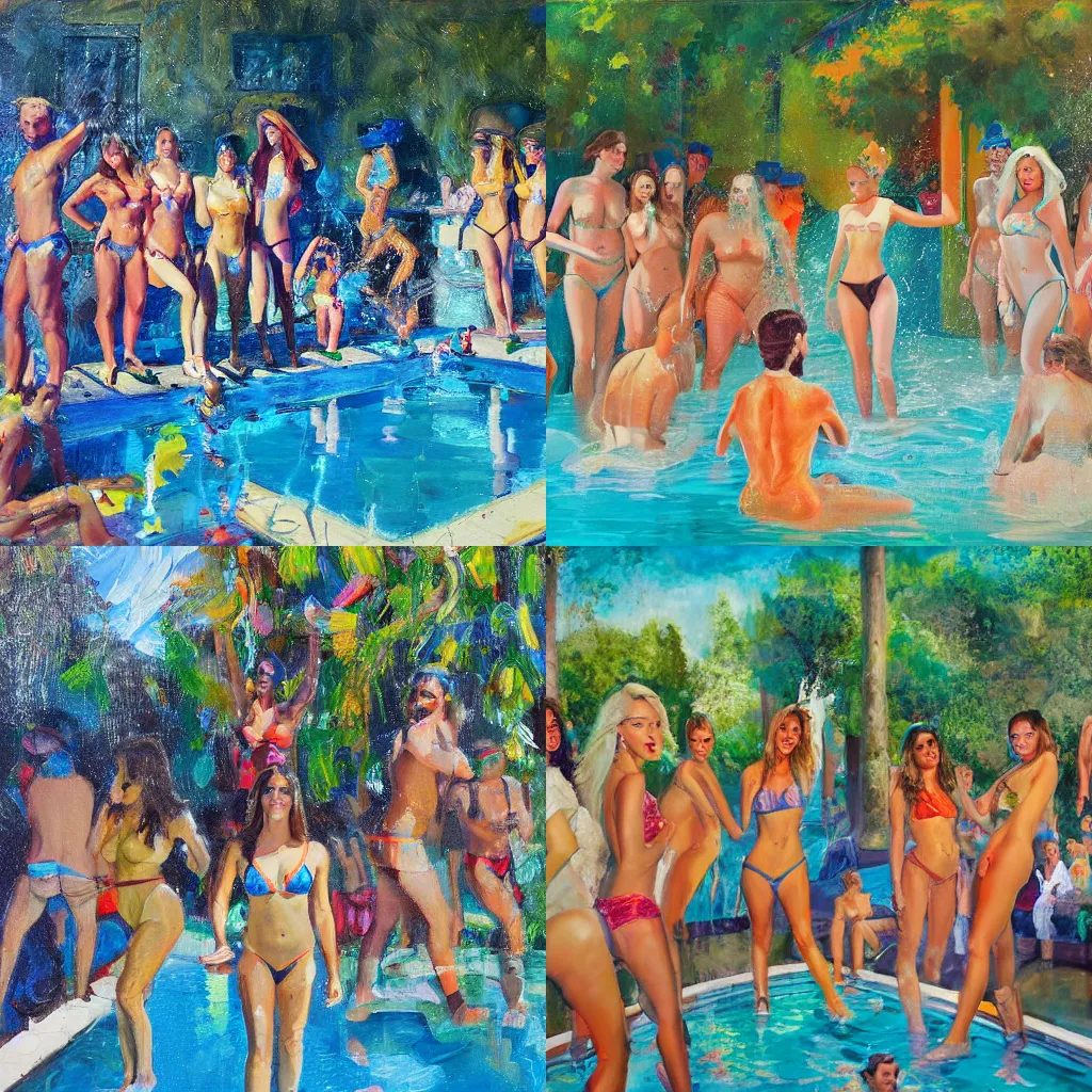 Prompt: oil portrait of pool party at playboy mansion, by Vladimir Dubossarsky and Alexander Vinogradov