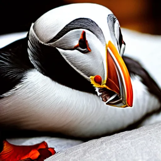 Prompt: puffin in a bed