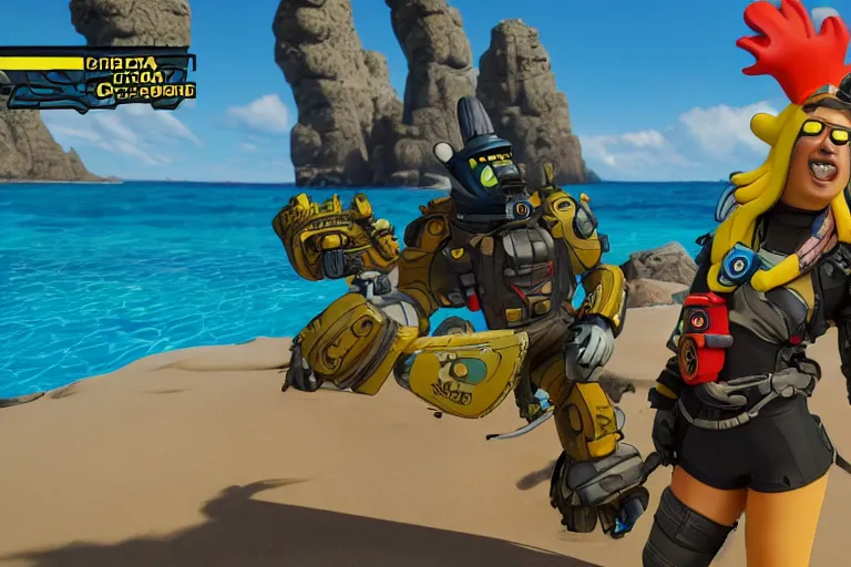 Image similar to loba from apex legends with spongebob in bikini bottom. ingame screenshot, high detail