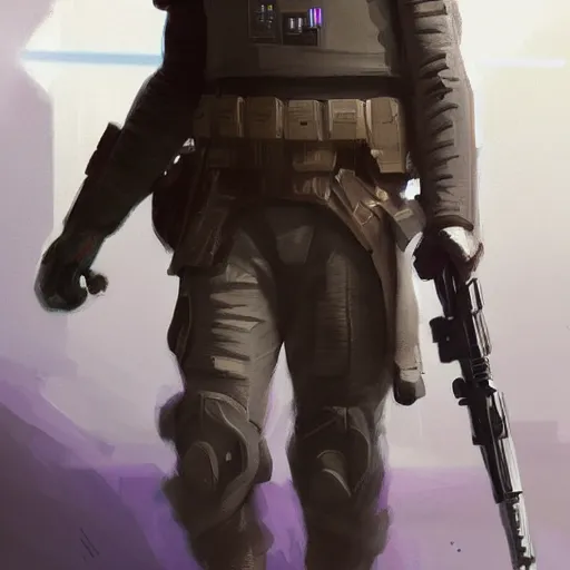 Image similar to star wars concept art by greg rutkowski, a soldier of the galactic dominion wearing purple colored tactical gear, highly detailed portrait, digital painting, artstation, concept art, smooth, sharp foccus ilustration, artstation hq