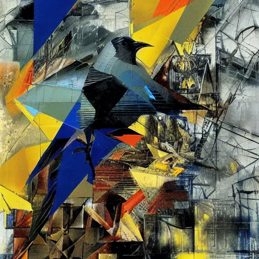 Image similar to the progressive rasterization of a bird, from a mechanical one into a pixel one, golden - blue oil on canvas by dave mckean and yoji shinkawa and roberto matta