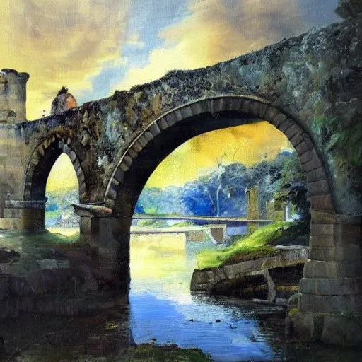 Image similar to modern stylized oil painting of medieval stone bridge, very very very beautiful, funny structure, romanticism by goya, bright art, cinematic dramatic lighting, plants and water