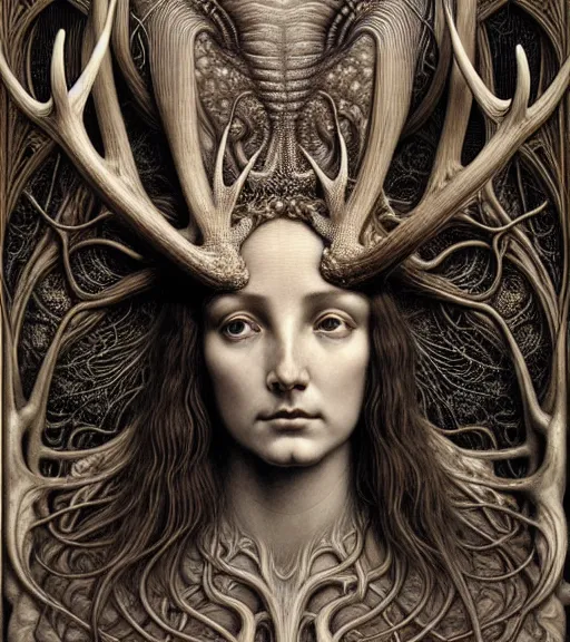 Image similar to detailed realistic beautiful antler goddess face portrait by jean delville, gustave dore, iris van herpen and marco mazzoni, art forms of nature by ernst haeckel, art nouveau, symbolist, visionary, gothic, neo - gothic, pre - raphaelite, fractal lace, intricate alien botanicals, biodiversity, surreality, hyperdetailed ultrasharp octane render